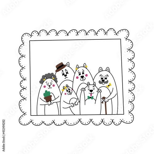 Beautiful cute family portrait of cats. Ancient family photo shoot. Illustration with animals for children's book, coloring, poster. Comic cats grimace at camera. Father is angry. Son is brawling.