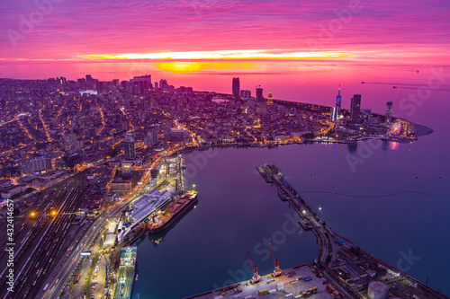 Batumi, Georgia - March 15, 2021: Sunset in the city with a drone