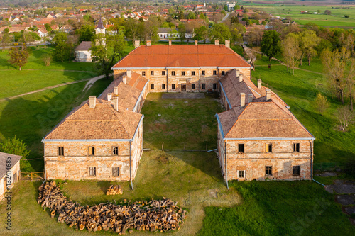 Aerial view about abandoned Cziraky Castle. photo