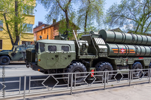 Samara, Russia - May 06, 2021: Russian S-400 Triumf (SA-21 Growler) long-range anti-aircraft missile system stands on a city street