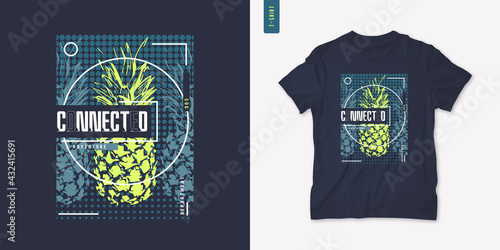 Summer graphic tee design with pineapple, stylish print, vector illustration