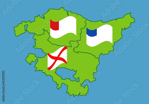 Mapa de las tres provincias del País Vasco o Euskadi con las banderas se sus respectivas capitales vascas