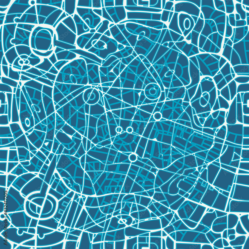 Seamless pattern in the form of an abstract blue city map. Vector repeating background with a schematic road plan. Decorative urban texture, suitable for wallpaper, wrapping paper, fabric