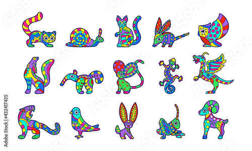 Set of colored alebrijes Mexican culture