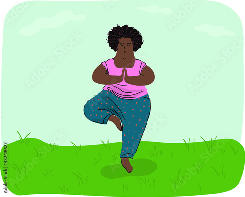 Body-positive African-American women who practice yoga in nature. Vector illustration