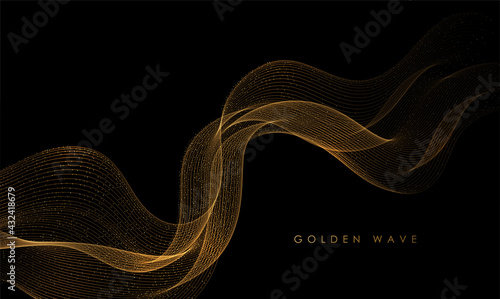 Abstract Gold Waves. Shiny golden moving lines design element with glitter effect on dark background for greeting card and disqount voucher.