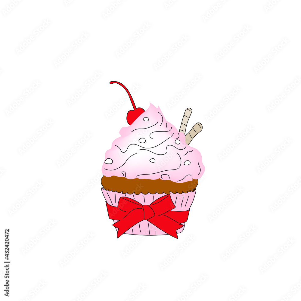Cupcake in a pink shape with a red bow and pink icing on a white background. Cupcake in a pink shape with a red bow and pink icing on a white background.