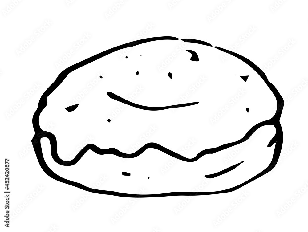 Vector donut drawn by hand with a black line on a white background for a menu design template, packaging, signage. isolated sweet baking doughnut element side view with icing on top and dots texture Vector donut drawn by hand with a black line on a white background for a menu design template, packaging, signage. isolated sweet baking doughnut element side view with icing on top and dots texture