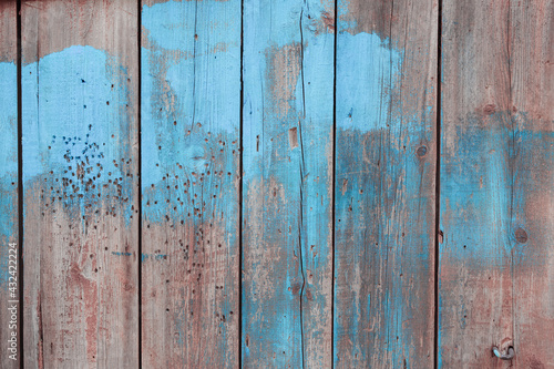 Brown wood texture. Paint on the boards. Can be used as background for design or poster. Remains of shabby blue paint.