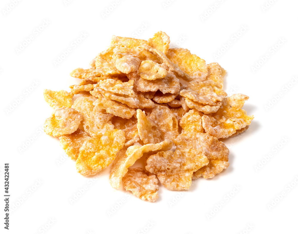 pile of sugar-coated cornflakes closeup on white pile of sugar-coated cornflakes closeup on white