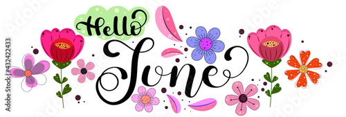 	
Hello June. JUNE month vector with flowers and leaves. Decoration floral. Illustration month June	
