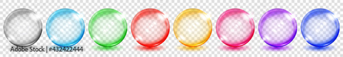 Set of translucent colored spheres with glares and shadows on transparent background. Transparency only in vector format