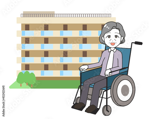 車いす　高齢女性　老人ホーム
