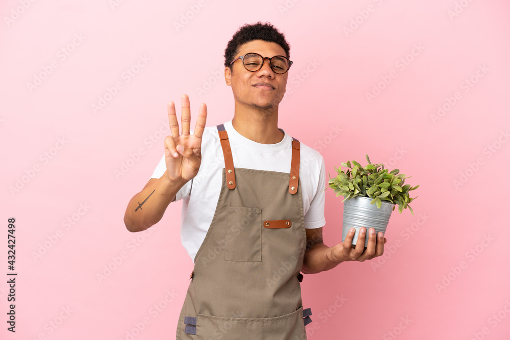 Gardener African man holding a plant isolated on pink background happy and counting three with fingers Gardener African man holding a plant isolated on pink background happy and counting three with fingers