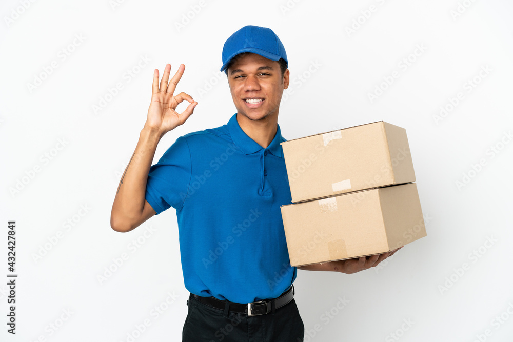 Delivery African American man isolated on white background showing ok sign with fingers Delivery African American man isolated on white background showing ok sign with fingers