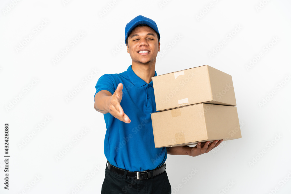 Delivery African American man isolated on white background shaking hands for closing a good deal Delivery African American man isolated on white background shaking hands for closing a good deal