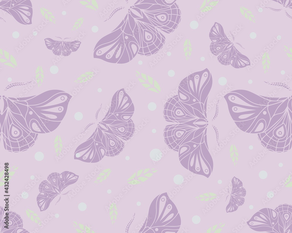 seamless pattern with butterflies and leaves, light, summer, decorative background, stylized vector graphics