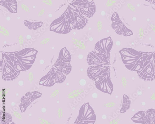 seamless pattern with butterflies and leaves, light, summer, decorative background, stylized vector graphics