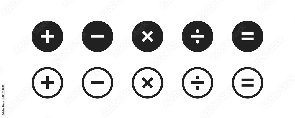 Plus and minus icon set. Math symbol. Add sign. Multiply icon. Calculator button, business finance concept in vector flat Plus and minus icon set. Math symbol. Add sign. Multiply icon. Calculator button, business finance concept in vector flat