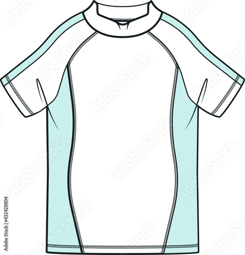 Sun and Swim Shirt.  Swimsuit t shirt. Swim T-Shirt flat sketch vector for kids