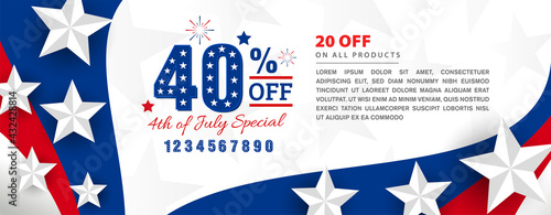 USA 4th of July special sale, offer, discount, promotional design with additional numbers to use on modern United States national flag wave with 3d star promotional template.