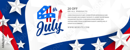4th of July United States of America lettering design on modern United States national flag wave with 3d star promotional template.

