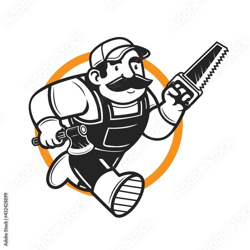 Running lumberjack mascot hold the axe and saw mascot logo character