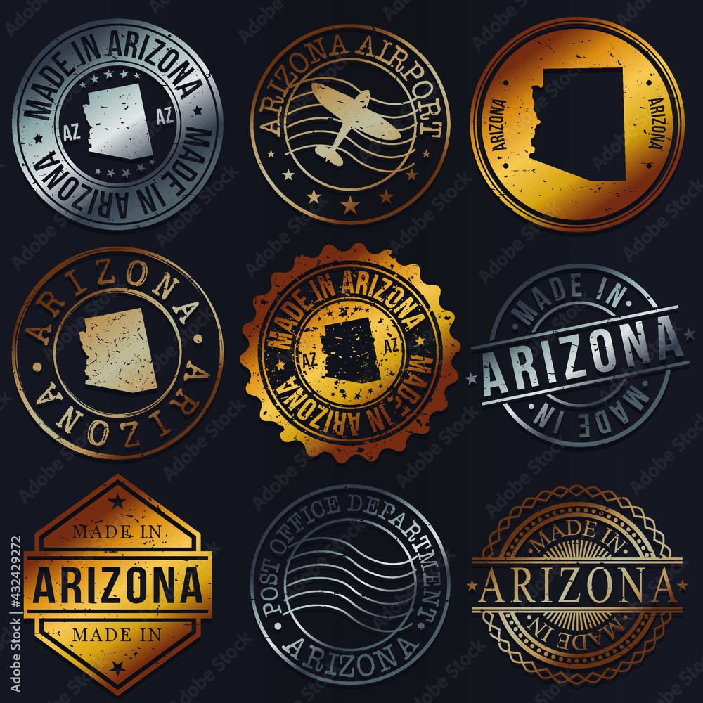 Arizona, USA Business Metal Stamps. Gold Made In Product Seal. National Logo Icon. Symbol Design Insignia Country. Arizona, USA Business Metal Stamps. Gold Made In Product Seal. National Logo Icon. Symbol Design Insignia Country.