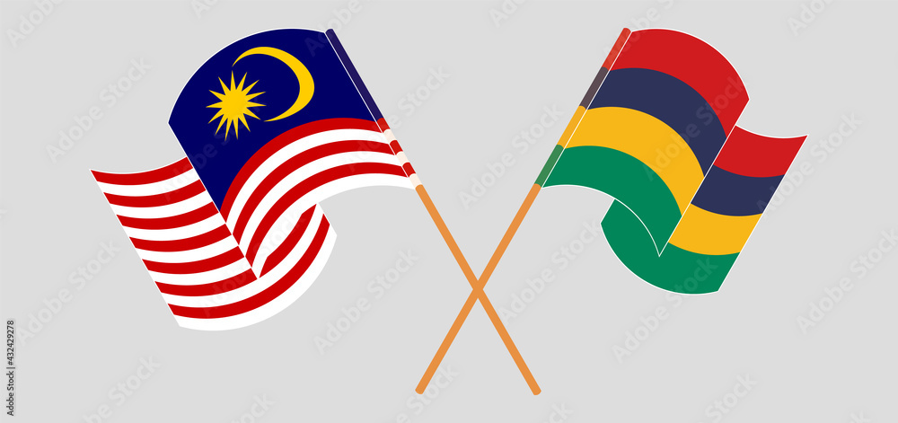 Crossed and waving flags of Malaysia and Mauritius Crossed and waving flags of Malaysia and Mauritius