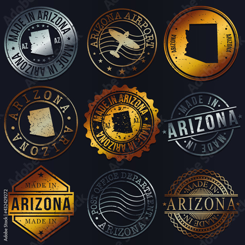 Arizona, USA Business Metal Stamps. Gold Made In Product Seal. National Logo Icon. Symbol Design Insignia Country.