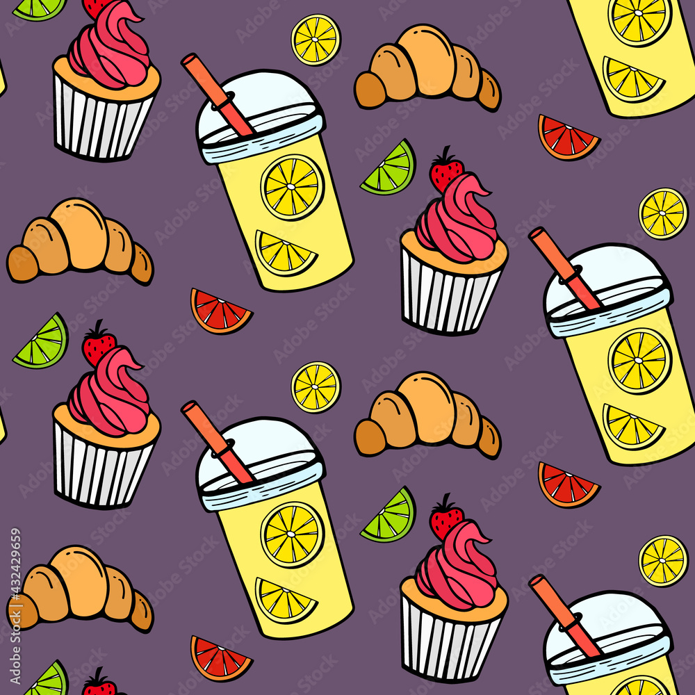 Bright seamless pattern in the style of doodle on a background of color eggplant. Lemonade, cake, lemons, croissant. Yellow, orange, pink. Can be used in web design, printing, printing on fabric. Bright seamless pattern in the style of doodle on a background of color eggplant. Lemonade, cake, lemons, croissant. Yellow, orange, pink. Can be used in web design, printing, printing on fabric.