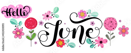 	
Hello June. JUNE month vector with flowers and leaves. Decoration floral. Illustration month June	

