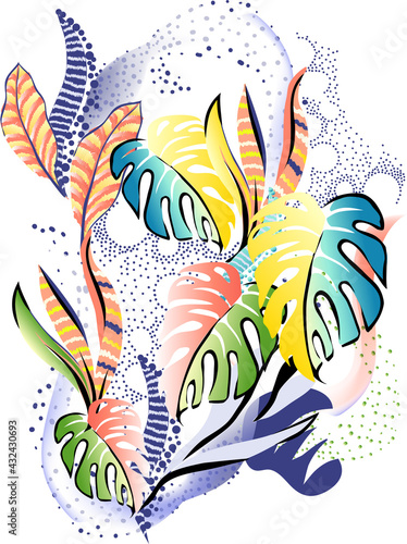 Decoration with tropical leaves and minimalist organic shapes for print. Hand drawing floral design for textiles and decoration