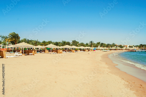 Coast of Africa, Safaga, Egypt. Wonderful view, the beach line with palm trees and white sand. Red Sea, waves. © Alleksa