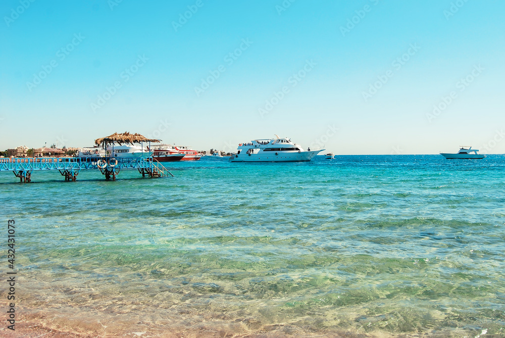 Egypt, Safaga, Africa, yacht in the middle of the Red Sea, sea cruise, beach vacation. Berth..