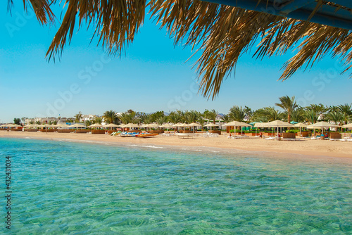 Coast of Africa, Safaga, Egypt. Wonderful view, the beach line with palm trees and white sand. Red Sea, waves.