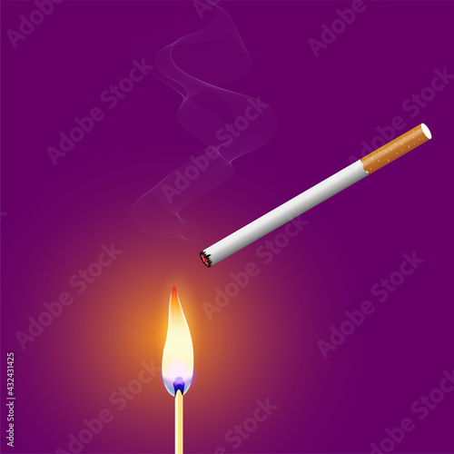 Cigarette with smoke and burning match background
