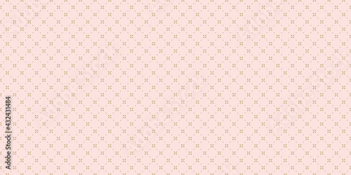 Gold minimal floral geometric seamless pattern. Simple vector gold and pink abstract background with small flowers, tiny crosses, grid, lattice. Subtle minimalist repeat texture. Luxury geo design