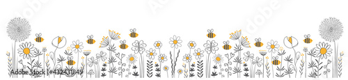 blumenwiese sommer mit bienen illustration vektor banner 