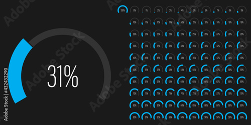 Set of circular sector arc percentage diagrams meters progress bar from 0 to 100 ready-to-use for web design, user interface UI or infographic - indicator with blue