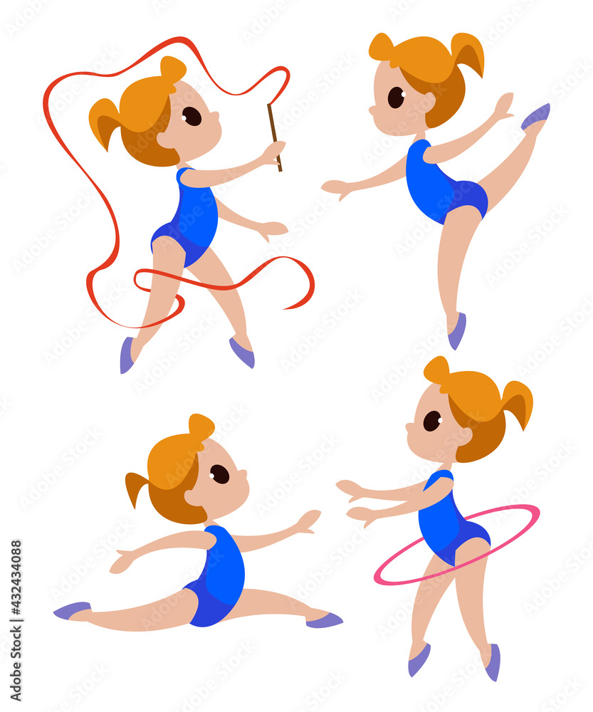 Children s choreography set with various exercises and poses. The little girl is engaged in gymnastics in blue. Vector in cartoon style isolated kids fun Children s choreography set with various exercises and poses. The little girl is engaged in gymnastics in blue. Vector in cartoon style isolated kids fun