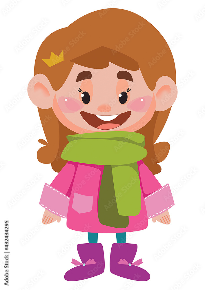 A girl in a warm jacket and a green scarf. Baby s winter outfit. Big head. In a cartoon cute style. Vector over white background. Character schoolboy. A girl in a warm jacket and a green scarf. Baby s winter outfit. Big head. In a cartoon cute style. Vector over white background. Character schoolboy.