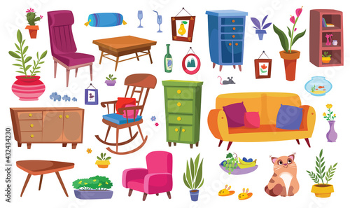 Home furniture big clipart set. Household items, sofa, chair, wardrobe and plants are funny. Illustrations in cartoon style flat. Vector isolated on white background fun