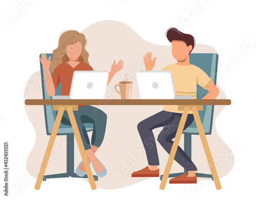 Job interview conversation. HR manager and employee candidate meeting and talking. Man and woman sitting at table and discussing career. Business or human resource concept
