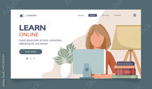 Concept illustration of online courses, distance studying, self education, digital library. E-learning banner. Online education. Vector illustration in flat style