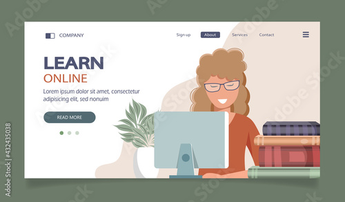 Concept illustration of online courses, distance studying, self education, digital library. E-learning banner. Online education. Vector illustration in flat style