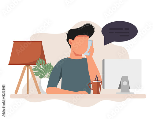 Secretary man sitting at a desk responding to a call. Vector illustration in flat style