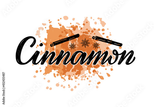 Vector illustration of cinnamon lettering for packages, product design, banner, sticker, spice shop price list and  decoration. Handwritten isolated word with a drawing for web or print
