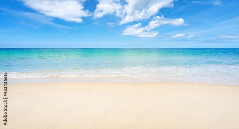 Beautiful sandy beach and sea with clear blue sky background Amazing  beach blue sky sand sun daylight relaxation landscape view in Phuket island Thailand for Summer and travel background