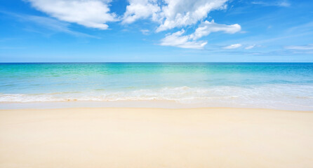 Beautiful sandy beach and sea with clear blue sky background Amazing  beach blue sky sand sun daylight relaxation landscape view in Phuket island Thailand for Summer and travel background